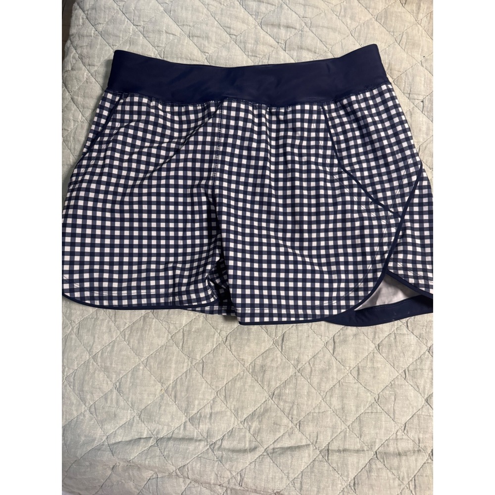 Draper James Lands End Navy Gingham Swim Board Shorts Women 10 Pocket Preppy